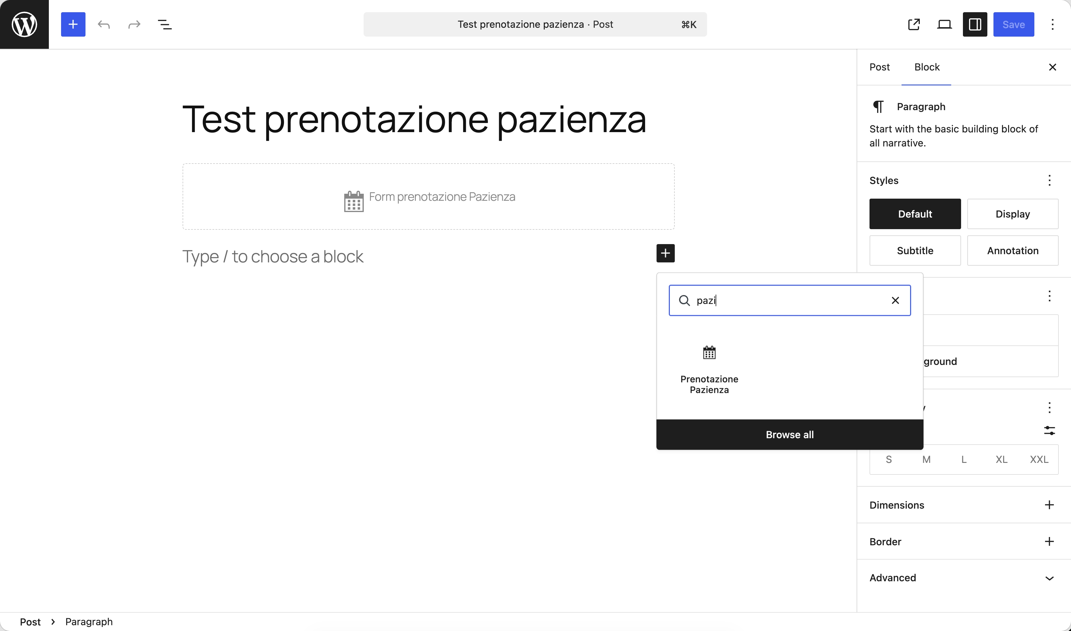 Blocco Gutenberg prenotazione