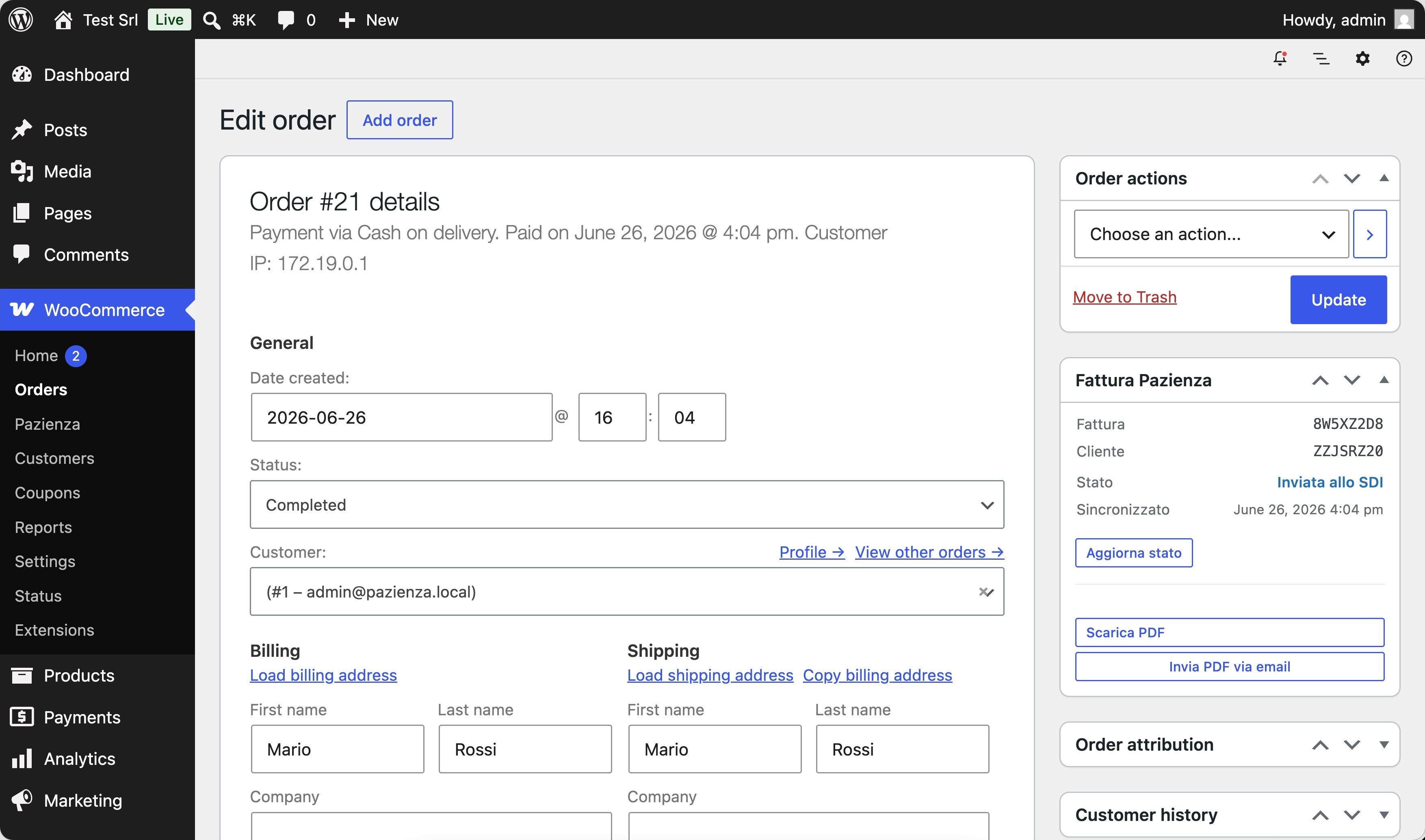 Pannello ordine WooCommerce con Pazienza
